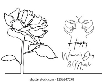 continuous line drawing of greeting card design with illustration of young girl for 8 march international Happy Women's Day  celebration.