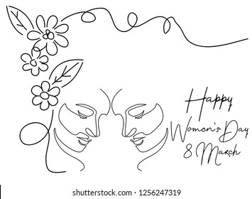 continuous line drawing of greeting card design with illustration of young girl for 8 march international Happy Women's Day  celebration.