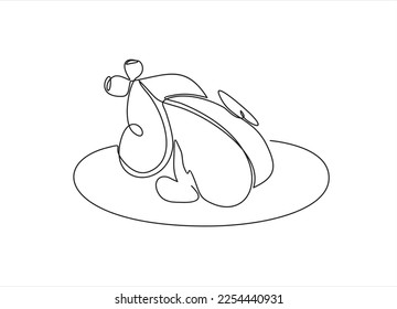 Continuous line drawing. Grilled chicken on plate. Vector illustration black line on white background.