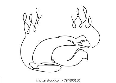 Continuous line drawing. Grilled chicken on plate. Vector illustration black line on white background.