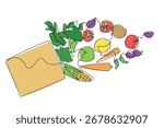 Continuous line drawing of a grocery bag filled with fresh vegetables and fruits, symbolizing healthy lifestyle. Food concept design with Eat Flexitarian Day theme.