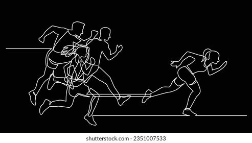 continuous line drawing of group of athletes running after leader woman