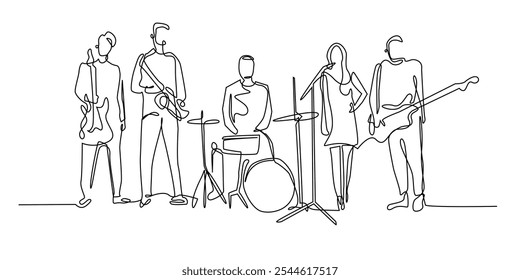 continuous line drawing of a group of band players.one line drawing of band personnel standing with musical instruments.single line vector illustration of a group of musicians.isolated white backgroun