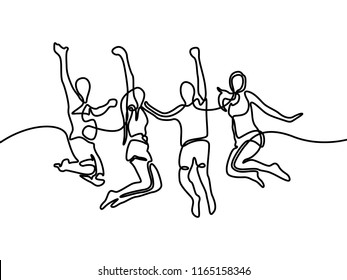 Continuous line drawing Group of boys and girls jumping for happy. Vector illustration.