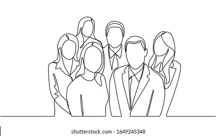 continuous line drawing of group of business men and women standing, working people on white background. Business team and teamwork concept. Vector template brochures, flyers, logo, print, banners.