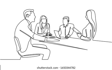 Continuous line drawing of group of business people having discussion in conference room. Creative business team brainstorming over new project isolated on white background