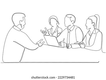 
Kontinuierliche Zeichnung der Gruppe von Geschäftsleuten, die im Konferenzraum diskutieren. Kreatives Geschäftsteam, das sich auf neues Projekt konzentriert, einzeln auf weißem Hintergrund