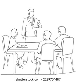 
Continuous line drawing of group of business people discussing in conference room. Creative business team brainstorming over new project isolated on white background