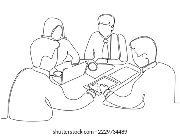 
Continuous line drawing of group of business people discussing in conference room. Creative business team brainstorming over new project isolated on white background