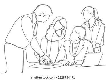 
Continuous line drawing of group of business people discussing in conference room. Creative business team brainstorming over new project isolated on white background