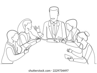 
Kontinuierliche Zeichnung der Gruppe von Geschäftsleuten, die im Konferenzraum diskutieren. Kreatives Geschäftsteam, das sich auf neues Projekt konzentriert, einzeln auf weißem Hintergrund