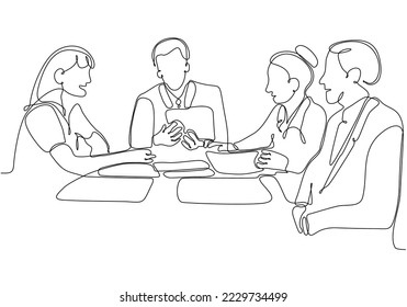 
Continuous line drawing of group of business people discussing in conference room. Creative business team brainstorming over new project isolated on white background