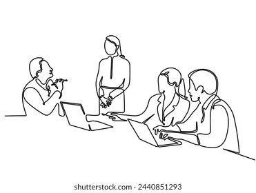 Continuous line drawing of group of business people having discussion in conference room. Creative business team brainstorming over new project isolated on white background