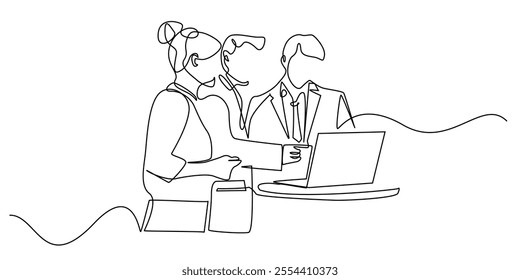 continuous line drawing of a group of business people discussing in front of a laptop.one line drawing shows business development.single line vector illustration.isolated on white background