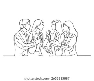 Desenho de linha contínuo de grupo de empresários discutindo juntos. Ilustração minimalista da comunicação do trabalho em equipe.