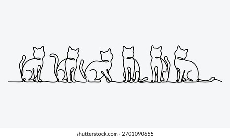 Dibujo de línea continua de un grupo de gatos en varias poses