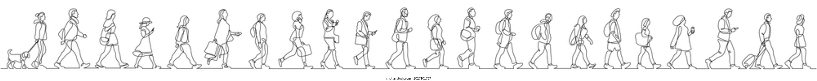 continuous line drawing of group of common diverse people walking on street