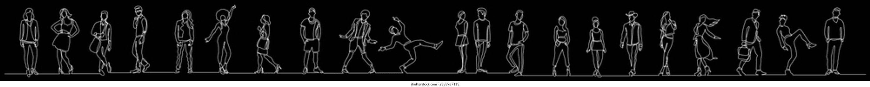 continuous line drawing of group of confident positive diverse people standing in a row
