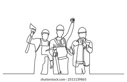 Desenho de linha contínua de um grupo de trabalhadores da construção. homens e mulheres de diferentes profissões.grupo de linha única de trabalhadores equipe Trabalho com equipe de engenheiros retrato confiante. trabalhadores e dia de trabalho.