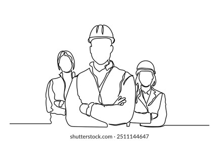 Desenho de linha contínua de um grupo de trabalhadores da construção. homens e mulheres de diferentes profissões.grupo de linha única de trabalhadores equipe Trabalho com equipe de engenheiros retrato confiante. trabalhadores e dia de trabalho.