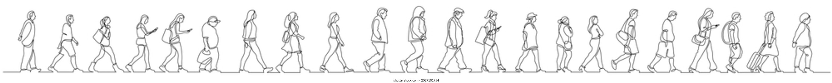 Continuous Line Drawing Of Group Of Diverse People Walking On Street