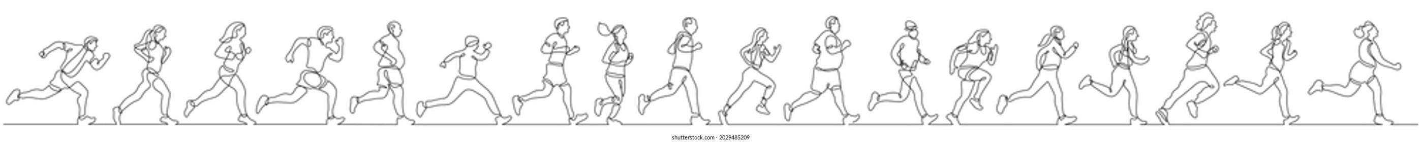 continuous line drawing of group of diverse people exercising jogging