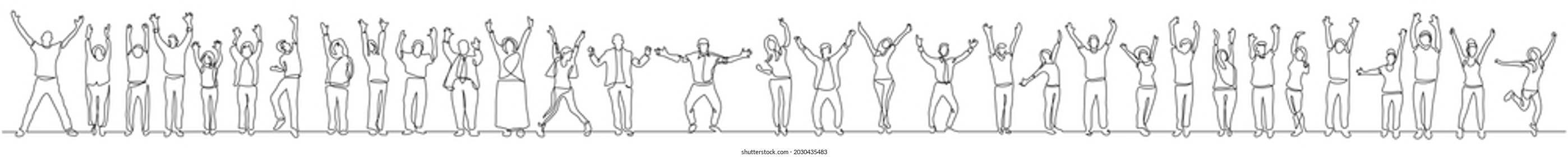 continuous line drawing of group of diverse happy people standing hands up