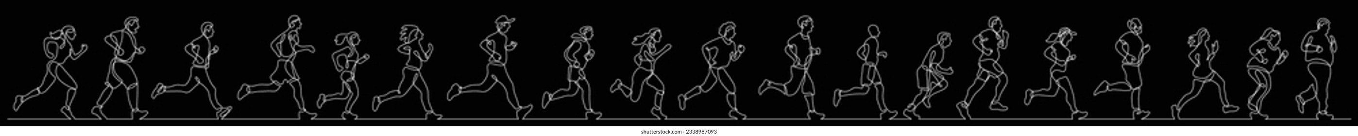 continuous line drawing of group of diverse people exercising running