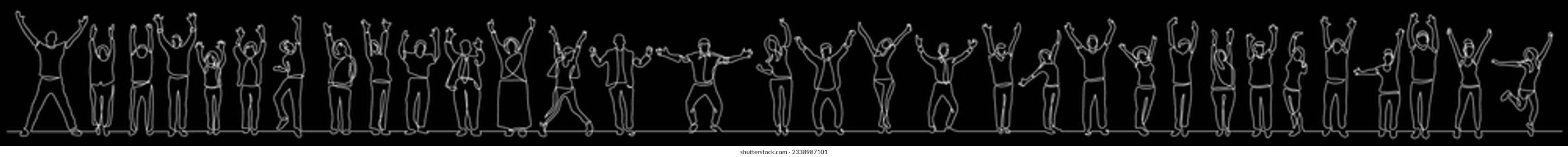 continuous line drawing of group of diverse happy people standing hands up