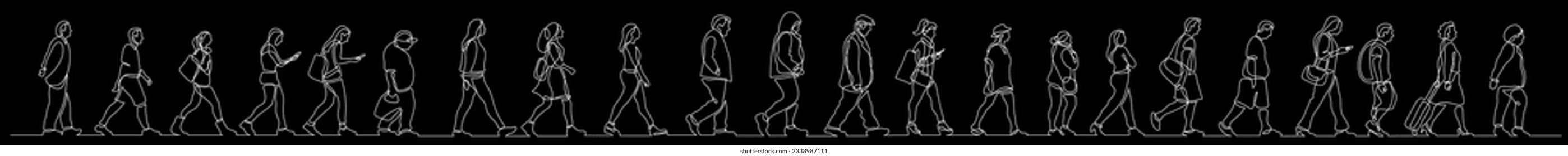 dibujo de línea continua de un grupo de personas diversas caminando por la calle