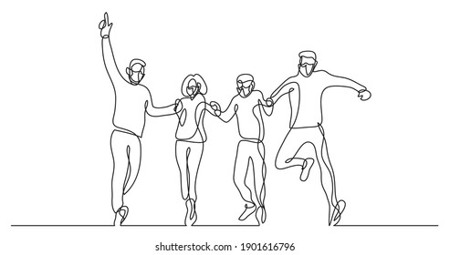 continuous line drawing of group of four people jumping wearing face masks