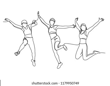 continuous line drawing of a group of friends jumping with joy vector illustration