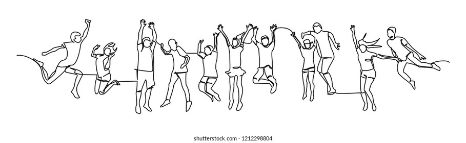 continuous line drawing of a group of friends jumping with joy vector illustration