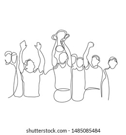 continuous line drawing of a group of friends were celebrating winning the championship trophy'm happy.