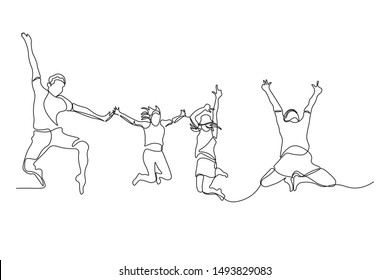 continuous line drawing of a group of friends jumping with joy vector illustration