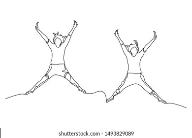 continuous line drawing of a group of friends jumping with joy vector illustration