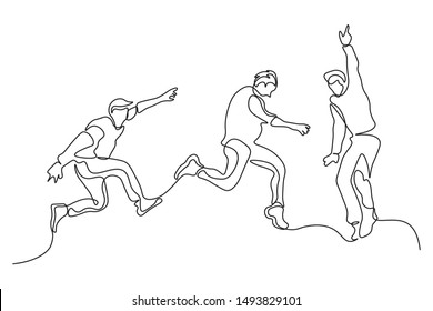 continuous line drawing of a group of friends jumping with joy vector illustration
