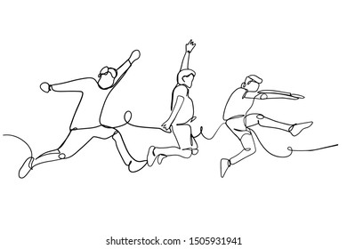 continuous line drawing of a group of friends jumping with joy vector illustration
