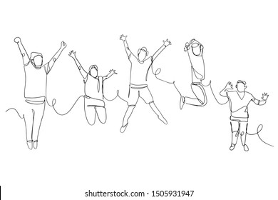 continuous line drawing of a group of friends jumping with joy vector illustration