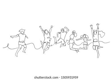 continuous line drawing of a group of friends jumping with joy vector illustration