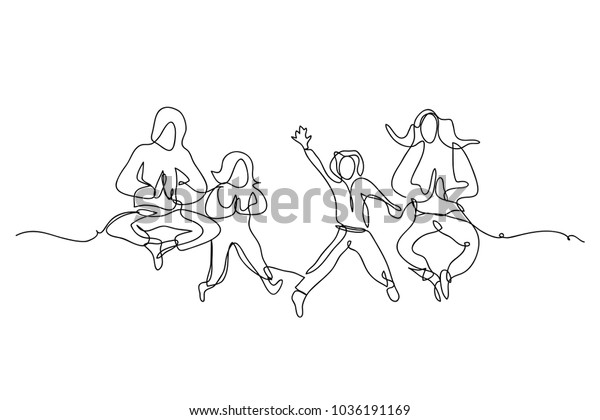 Continuous Line Drawing Group Friends Jumping Stock Vector (royalty 