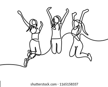 Continuous line drawing Group of girls jumping. Vector illustration.