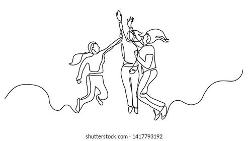 continuous line drawing of group of happy women jumping giving high five