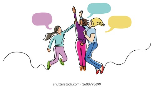 continuous line drawing of group of happy women jumping giving high five