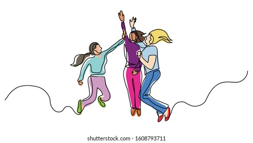 continuous line drawing of group of happy women jumping giving high five