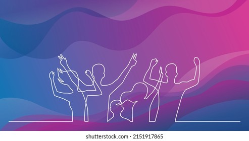 continuous line drawing of group of happy cheering young people