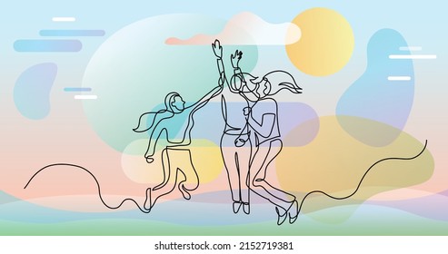 continuous line drawing of group of happy women jumping giving high five