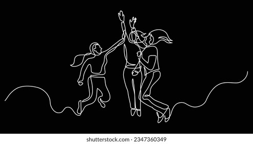 continuous line drawing of group of happy women jumping giving high five