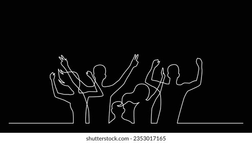 continuous line drawing of group of happy cheering young people
