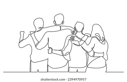 continuous line drawing a group of men and women hugging together to show their Friendship. the concept of friendship, emotional support, and happiness.
